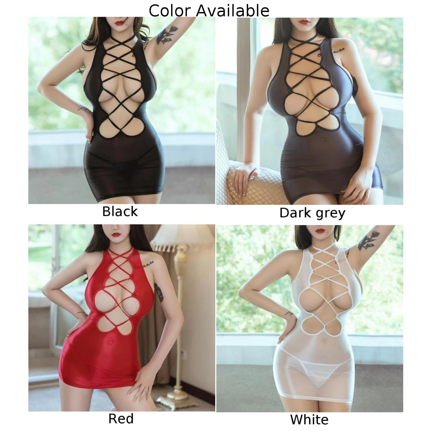 Mini robe crayon transparente en satin pour femme, robe moulante sexy, corps de tambour, huile brillante, lisse, transparente, évidée, hanche, A50