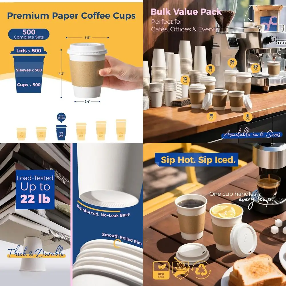 

Одноразовые бумажные стаканы для кофе 12 унций с крышками и вкладышами, герметичные, для напитков на вынос, прочные, для горячих напитков и использования в кафе