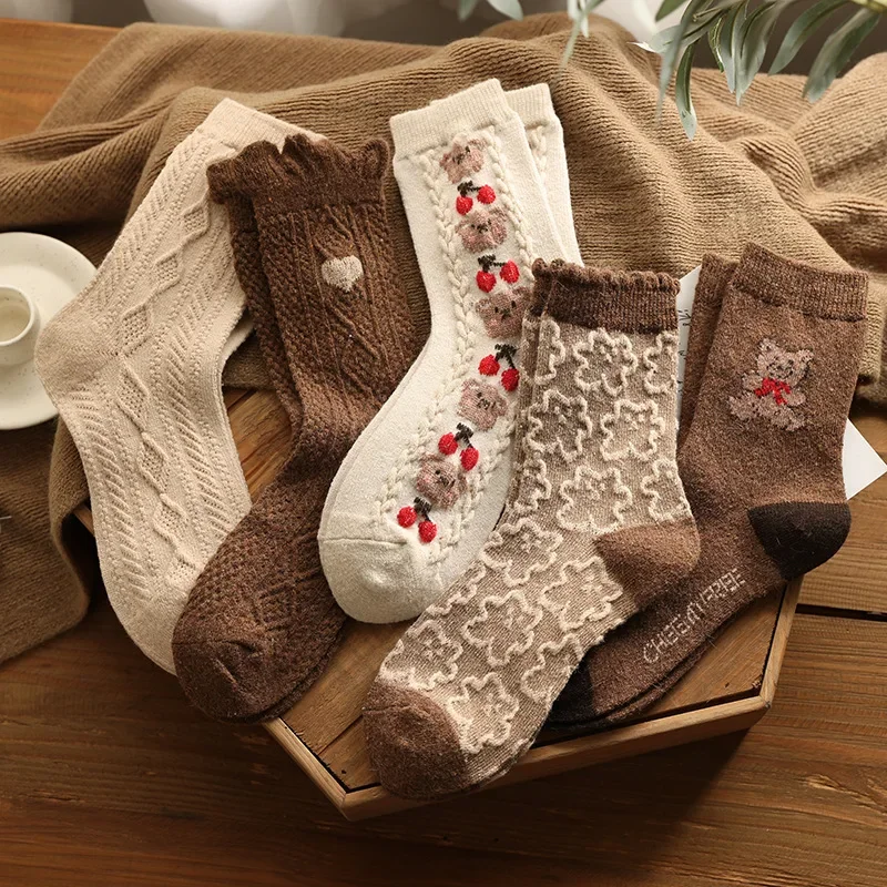 

Winter Cashmere Wool Woman Socks Solid Little Bear Cute Socks Harajuku Retro Long Socks Women Girls Thermal Streetwear Crew Sock