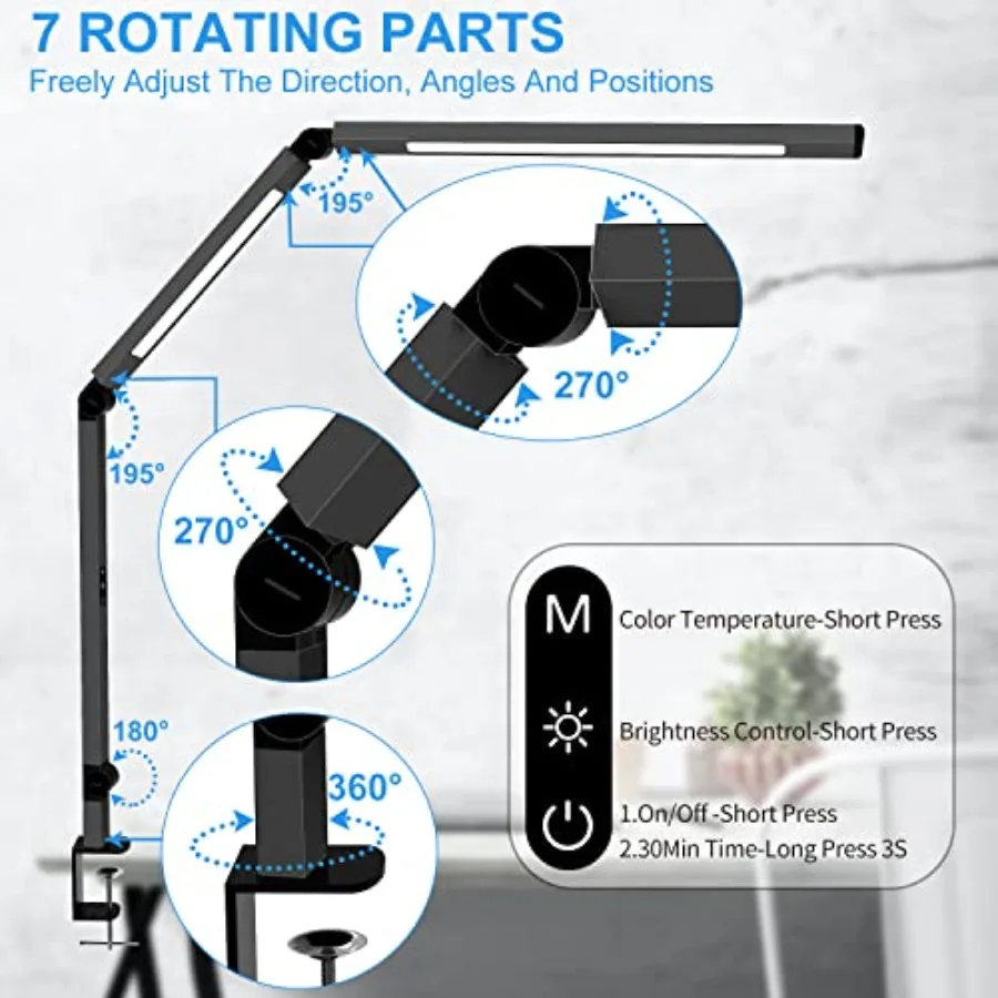LED Desk Lamp with Clamp, Architect Desk Lamp with Dual Light and Adjustable Swing Arm, Clip-on Eye-Care 4 CCT Modes and 5 Brig view 3