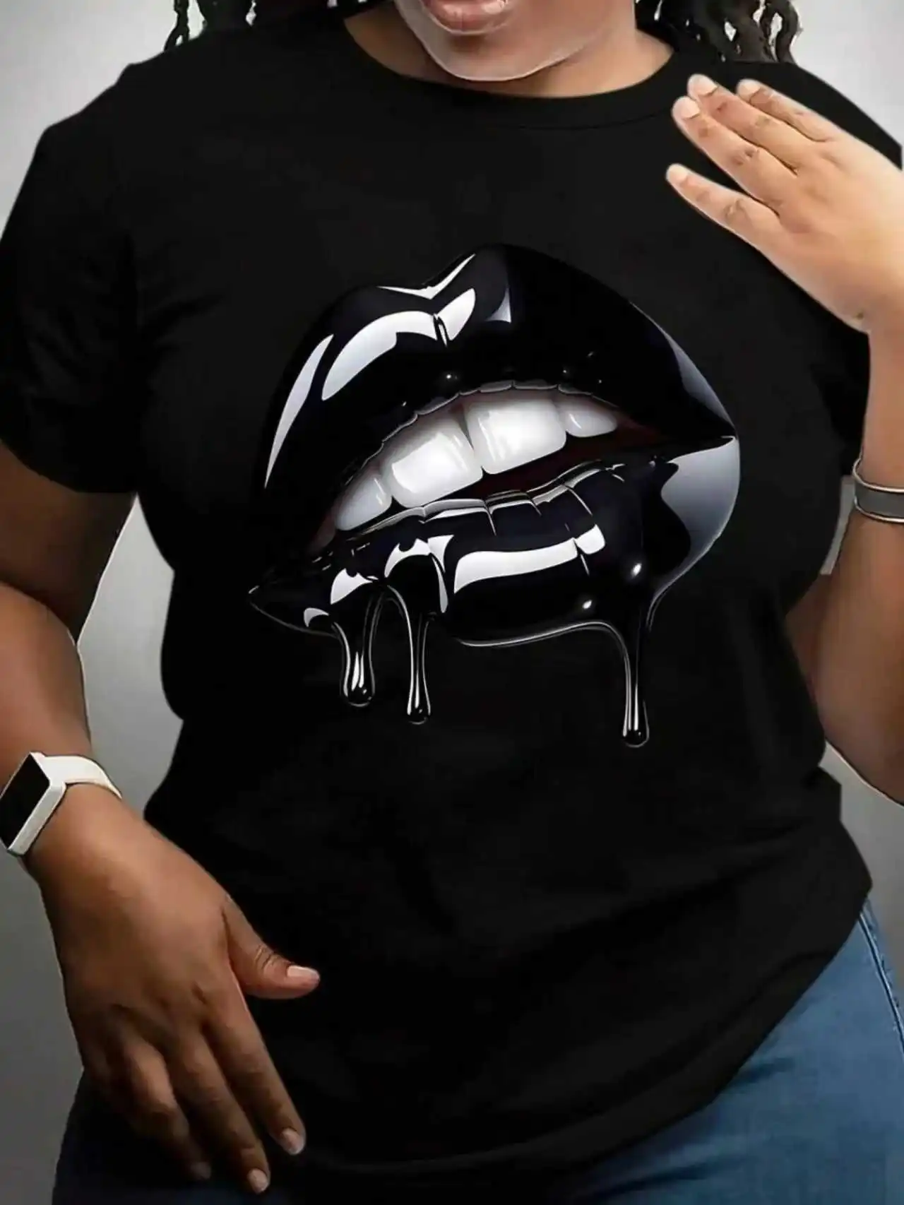 

Liquid Black Lip Drop Glue Print! Women's Plus Size T-shirt, Sweet Cool & Sexy Hot Girl Top