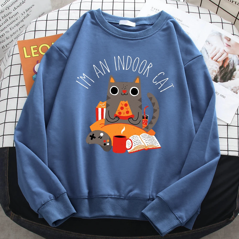 Street Women Sweatshirts Cat Sitting And Eating Pizza Printing Hoodies Comfortable All-Math Pullover Crewneck Loose Female Tops