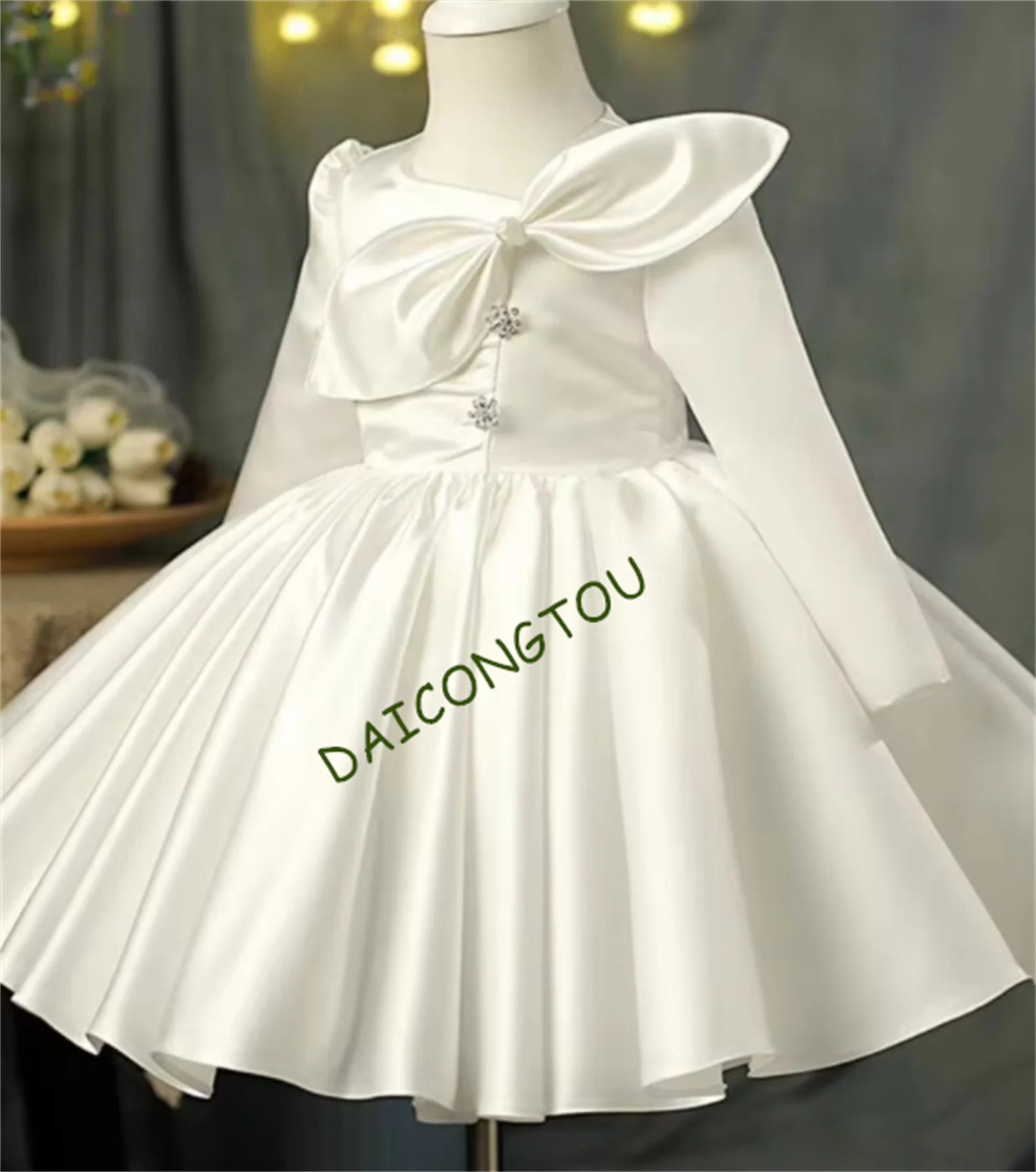 CuteWhite Satin Flower Girl Dress with Long Sleeve Baby Girl Christening Dress A Line Toddler Birthday Dress Prom Party Gown