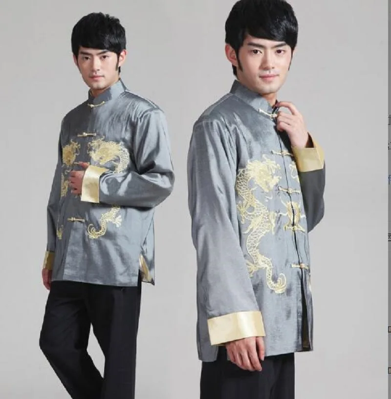 Wholesale Hot Sale New Chinese men's Embroidery Dragon Kung FU Jacket Satin Long Sleeve Tang Suit Coat Leisure Jackets