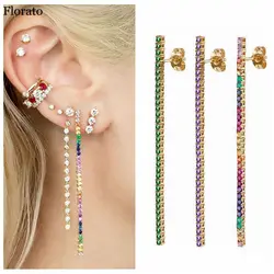 Rainbow Crystal Chain Pendant 925 Sterling Silver Ear Needle Exquisite CZ Earrings Fashion Jewelry For Women Birthday Gifts