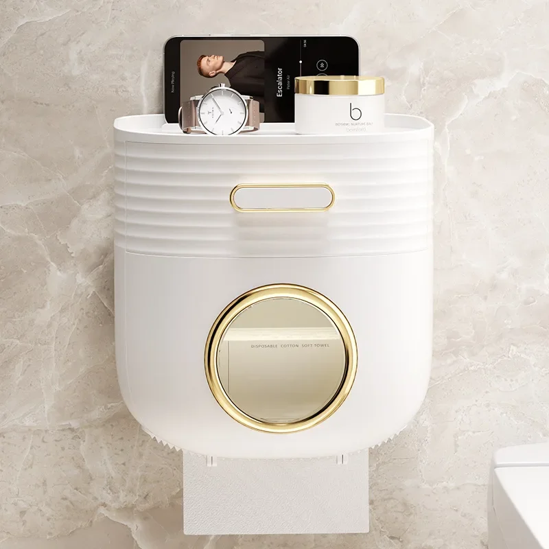 White Toilet Paper Holder Bathroom Storage Rack Tissue Box Non Punched Waterproof Storage Rack Accessories 6