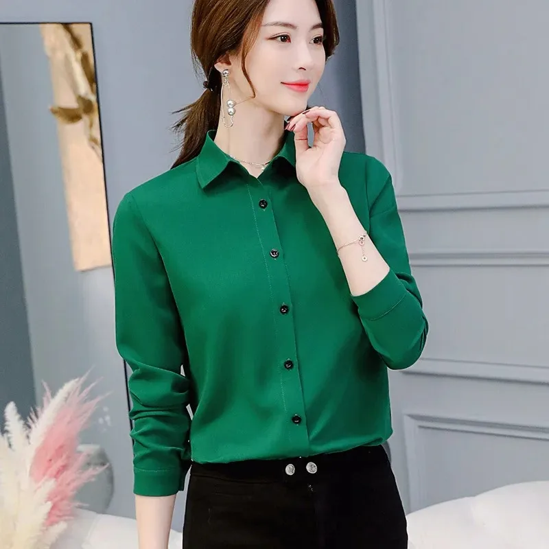 

2024 New Cozy Blouse Women Office Lady Long Sleeve Turn Down Collar Shirts Chic Slim Single Breasted Chiffon Fashion Tops