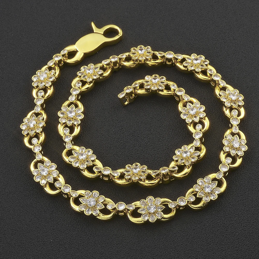 

NUOYA New Hip Hop Jewelry 11mm CZ Iced Out Chain Cuban Necklace Brass Flower Women's Necklace Commemorative Day Gift