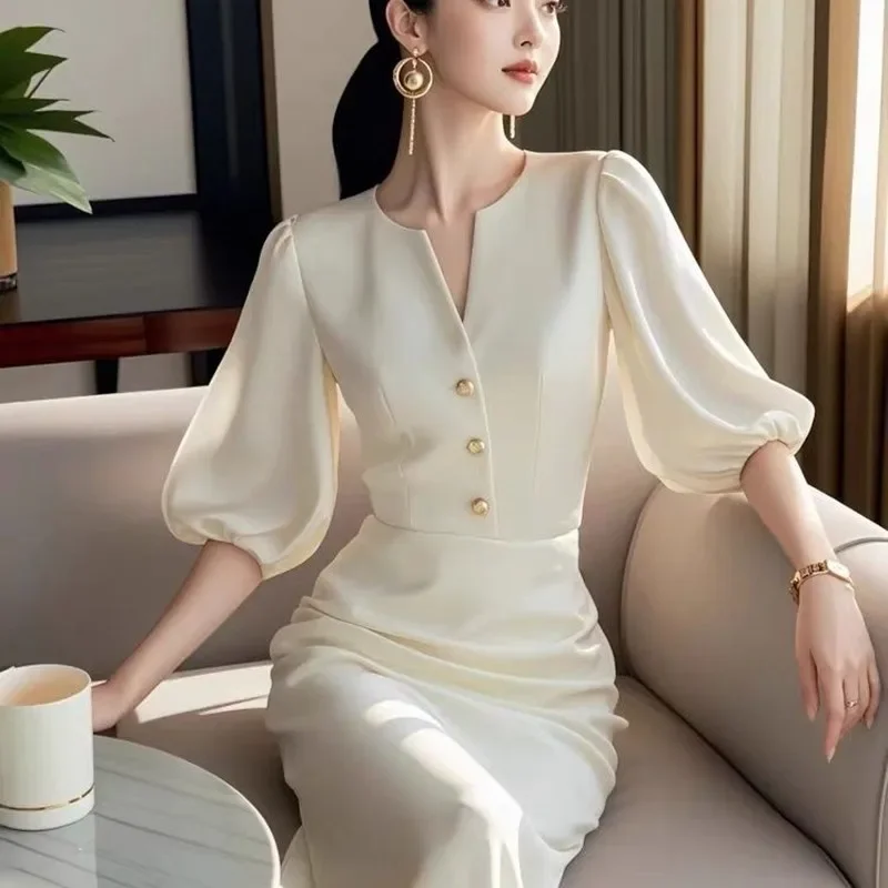 新しいハイエンドエレガントなドレスの女性のファッションオフィスレディ V ネックランタンスリーブスリムパーティードレス無地 Vestidos 高級