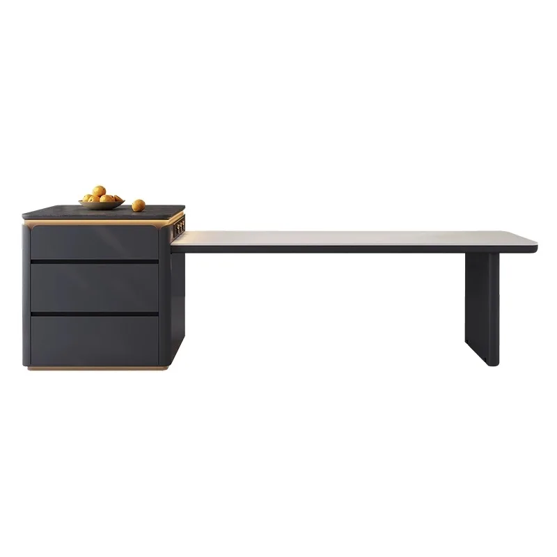 Minimalist gray island dining table integrated retractable rock slab small apartment new multi-functional middle island