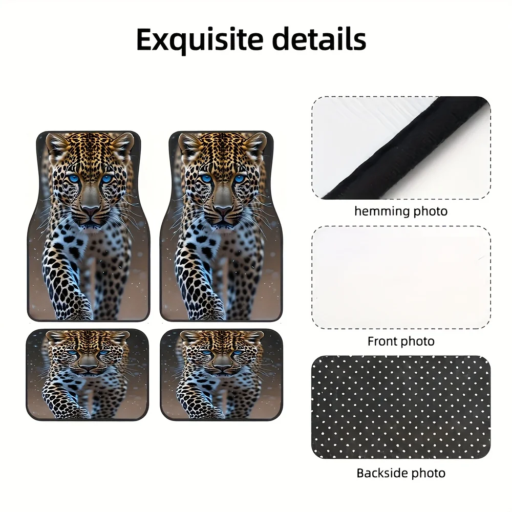 4pcs Leopard Print Blue-Eyed Snow Leopard Pattern Car Floor Mats - Non-Slip Universal Front & Rear Seat Cushions, Durable Polyes
