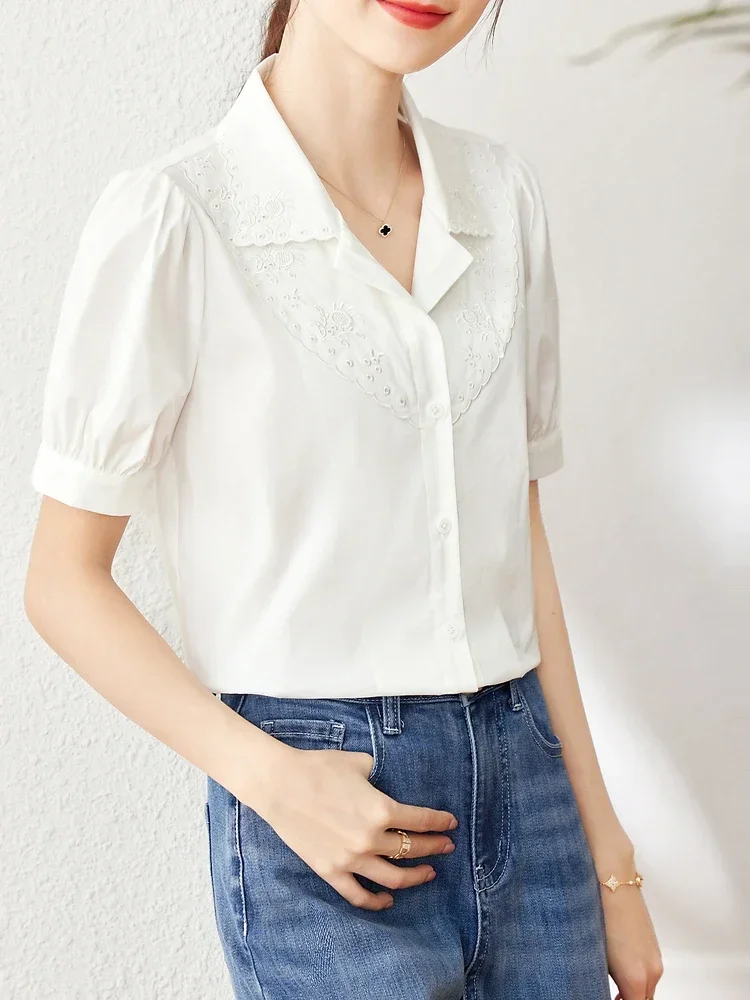 Vimly White Short Sleeve Shirts for Women Sweet Puff Sleeve Elegant Summer Top Hollow Out Embroidery Female Shirts and Blouses