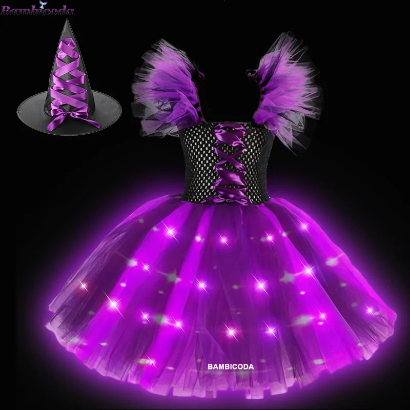 Halloween Girls Witch Dress Princess LED Light Up Dress for Girls Party Toddler Kids Pumpkin Costume Carnival Evening Dresses