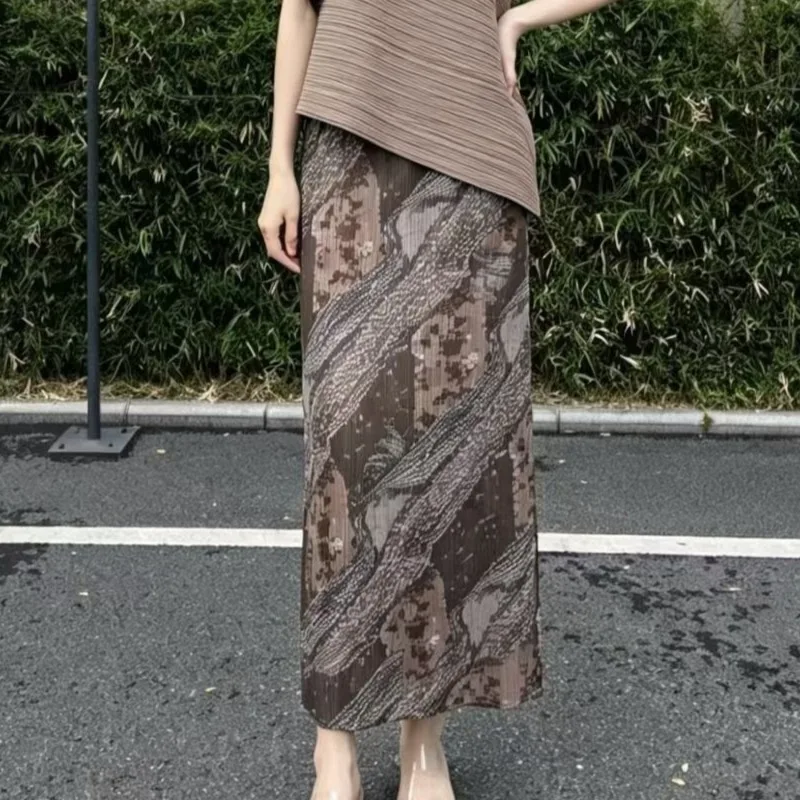 Miyake Pleated Printed Skirt Plisse 2026 Retro Fun Summer Elegant Temperament Slit Printed Jupe Slim Fit Versatile A-line Skirt