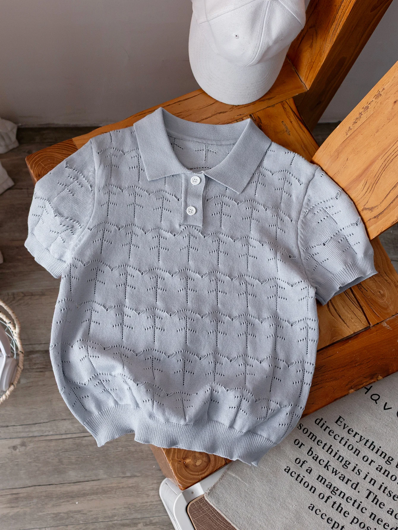 Boys' College Style Solid Color Hollow Out Collar Polo Shirt Short-Sleeved Thin Knit Sweater Pullover Sweater with Open Button