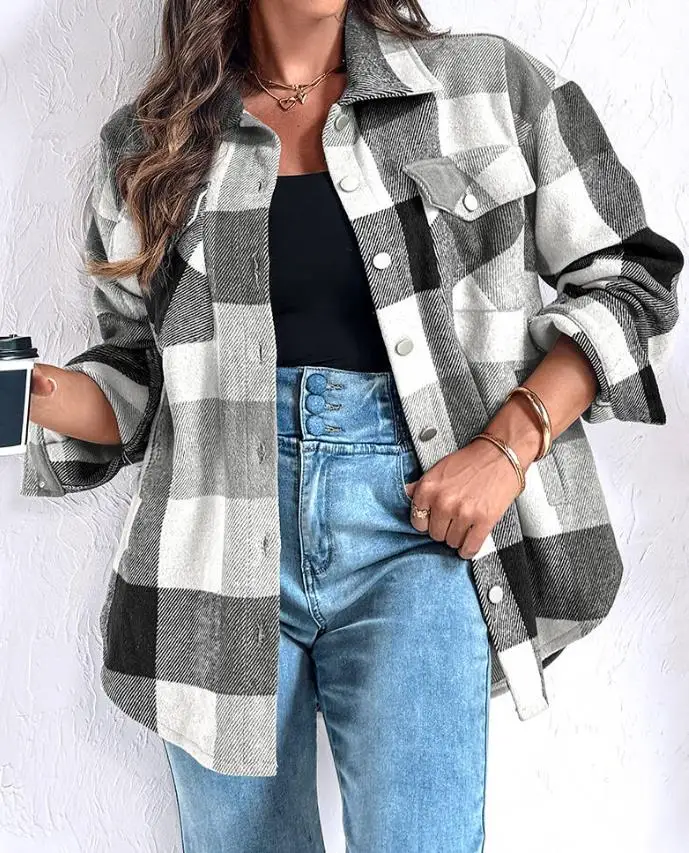 

Retro Plaid Print Lapel Button Front Jacket Autumn Women's Casual Flip Pocket Design Loose Long Sleeved Shirt Jacket