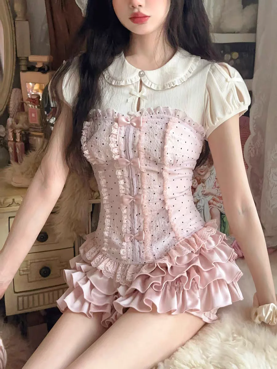 Prinses Lieve Lolita Bobon21 Franse Stijl Meisje Baby Kraag Strik Afslankend Dun Gebreide Korte Mouwen Mooie T-Shirt T2323