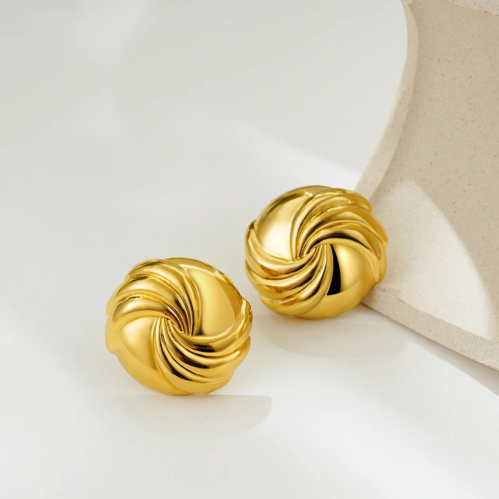 Vintage Thick Circle Round Vortex Stud Earrings for Women Girls Polished Gold Color Waterproof Metal PVD Hemispheres Ear Jewelry