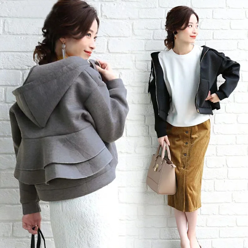 Hooded Zip Up Sweatshirt Women Y2K Aesthetic Solid All-match Cute Spring Cropped Cardigan Jacket Korean Ruffles Short Hoodies