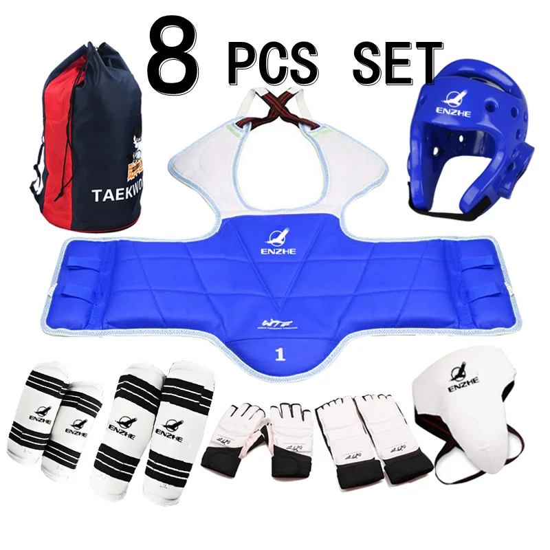 

8pcs High Quality Taekwondo Protectors Suite WTF Approved Shin Forearm Chest Guard Karate Helmet Groin Guard TKD Glove Shoeswear