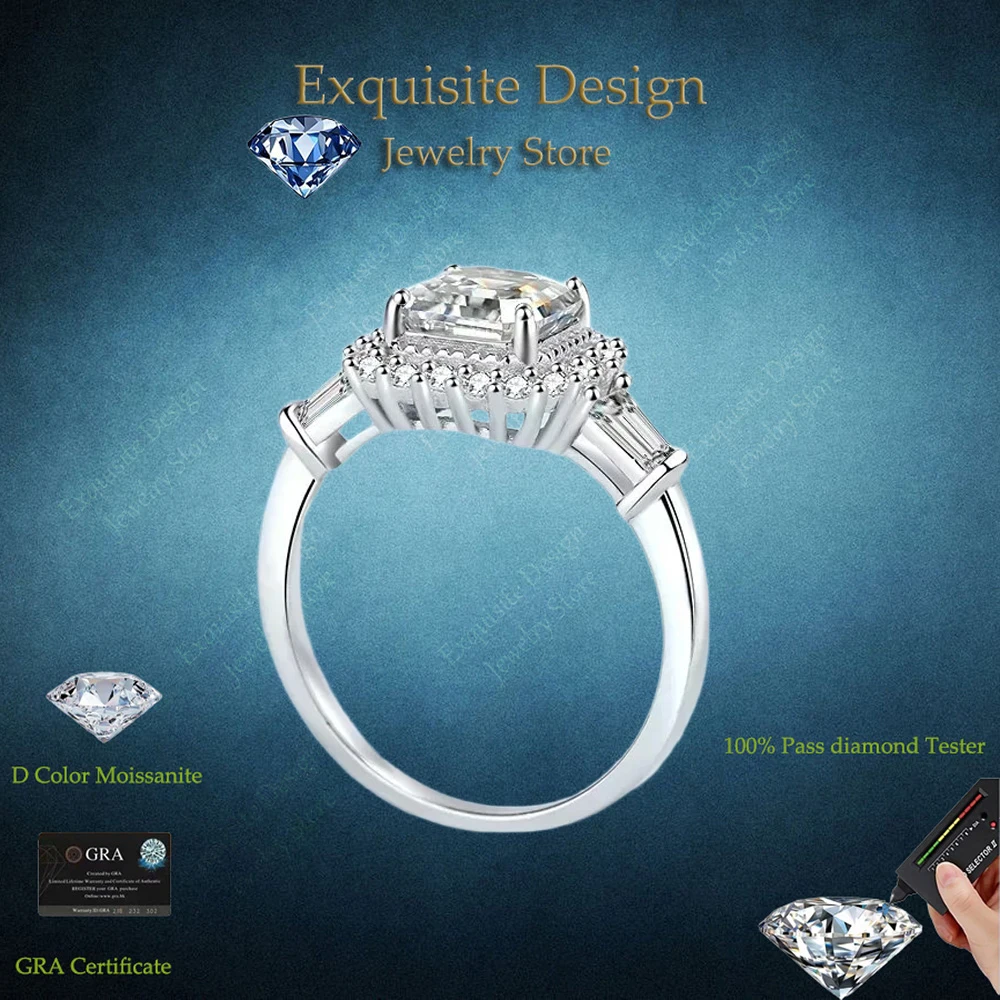 

Exquisite Design Female 2 Carat Moissanite Asscher Cut Pretty Rings for Wedding, Designer Jewelry 18K White Gold Womens Ring