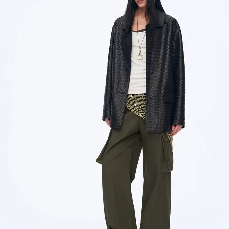 

Women Leather Coat Autumn Sheepskin Woven Shirt Coat 2026 Fashion