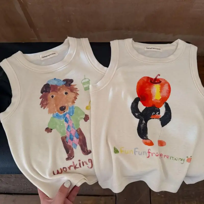 

2026 Summer New Children Sleeveless T Shirts Toddler Boys Cute Cartoon Print Vest Baby Girls Cotton Casual Tops Kids Clothes