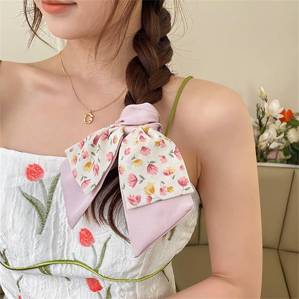 Fashion Floral Bowknot Scrunchies Long Ribbon Ponytail Scarf Hair Tie Women Girls Elastic Hair Bands Hair Accessories