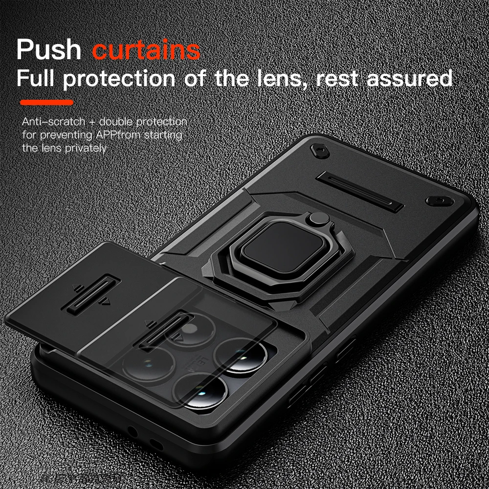 KEYSION Shockproof Armor Case for Xiaomi 14T Pro 5G Slide Camera Protection Ring Stand Phone Back Cover for Xiaomi 14TPro 14T 5G