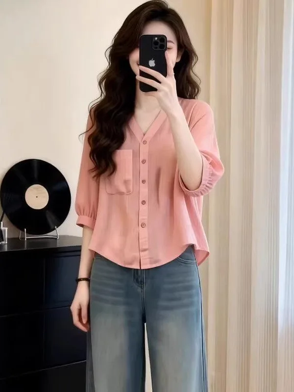 

Slimming V-Neck 7/8 Sleeve Shirt Women's Summer New Style plus Size Breathable Comfortable Commute Fashion Polyester Blend