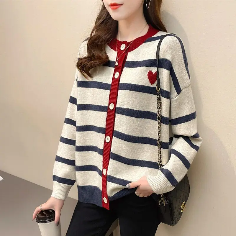 

Autumn Winter New Versatile Stripe Color Block Button Round Neck Knitted Cardigan Women Core Yarn Long sleeved Commuter Sweater