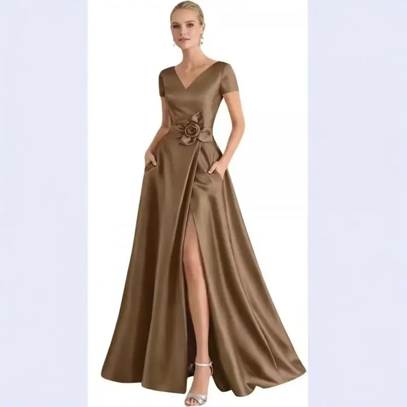 V-neck Short Sleeved Satin Slit Simple Wedding Dress Cocktail Party Evening Gown Temperament Slim Fit Long Gown Customized