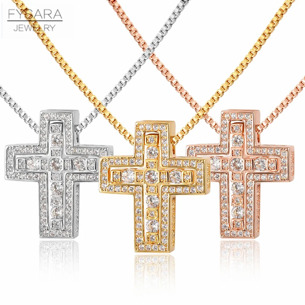 FYSARA Retro Design Crystals Corss Pendant For Men Punk Religious Necklace For Women Clavicle Zircon Jewelry Souvenir Gift