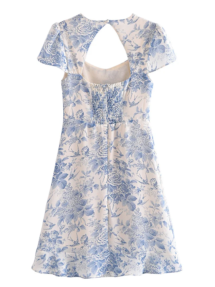 Zomer Jurken 2022 Vrouwen Sweetheart Hals Vogel En Bloemen Print Vintage Elegante Jurk Terug Uitsnede Cap Mouw Chiffon Midi jurk