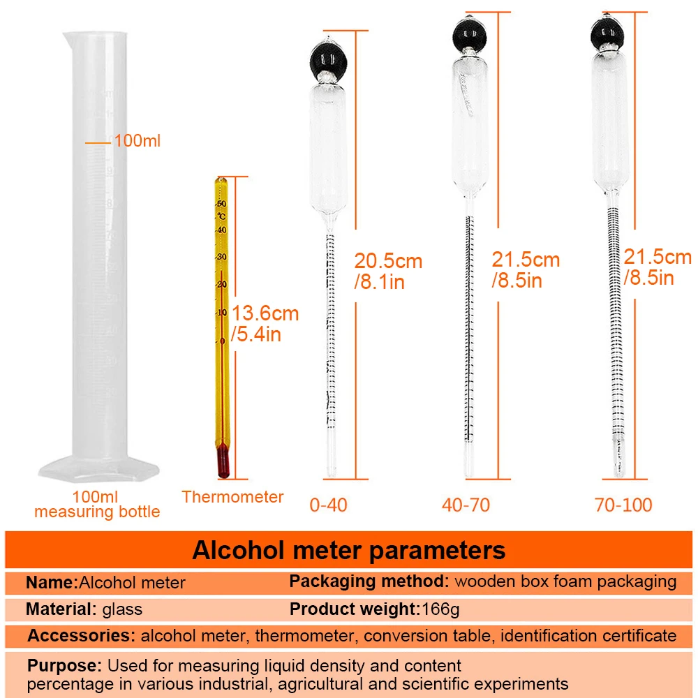 Vodka Whiskey Alcohol Wine Hydrometer Meter In Wooden Box Alcoholmeter Concentration Meter (0-40%, 40-70%, 70-100%)