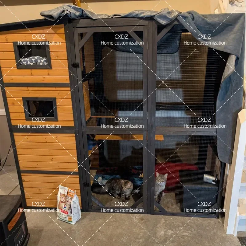 Outdoor Solid Wood Cat Cage with Wheels Movable Cat Villa Climbing Frame Rainproof Sunproof Insulated Large Cat House