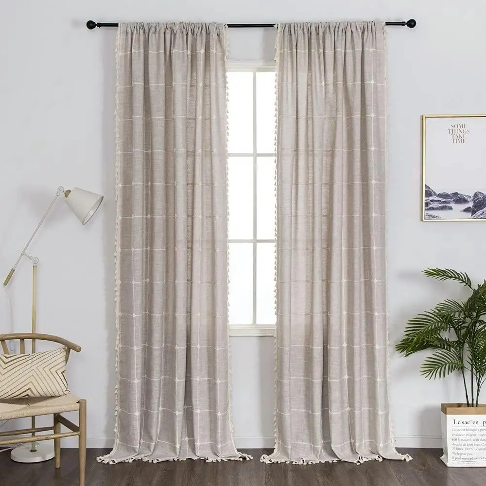 

1 Panel 140cm Width Plaid Cotton Linen Boho Curtain with Tassel Farmhouse Curtain for Bedroom Living Room