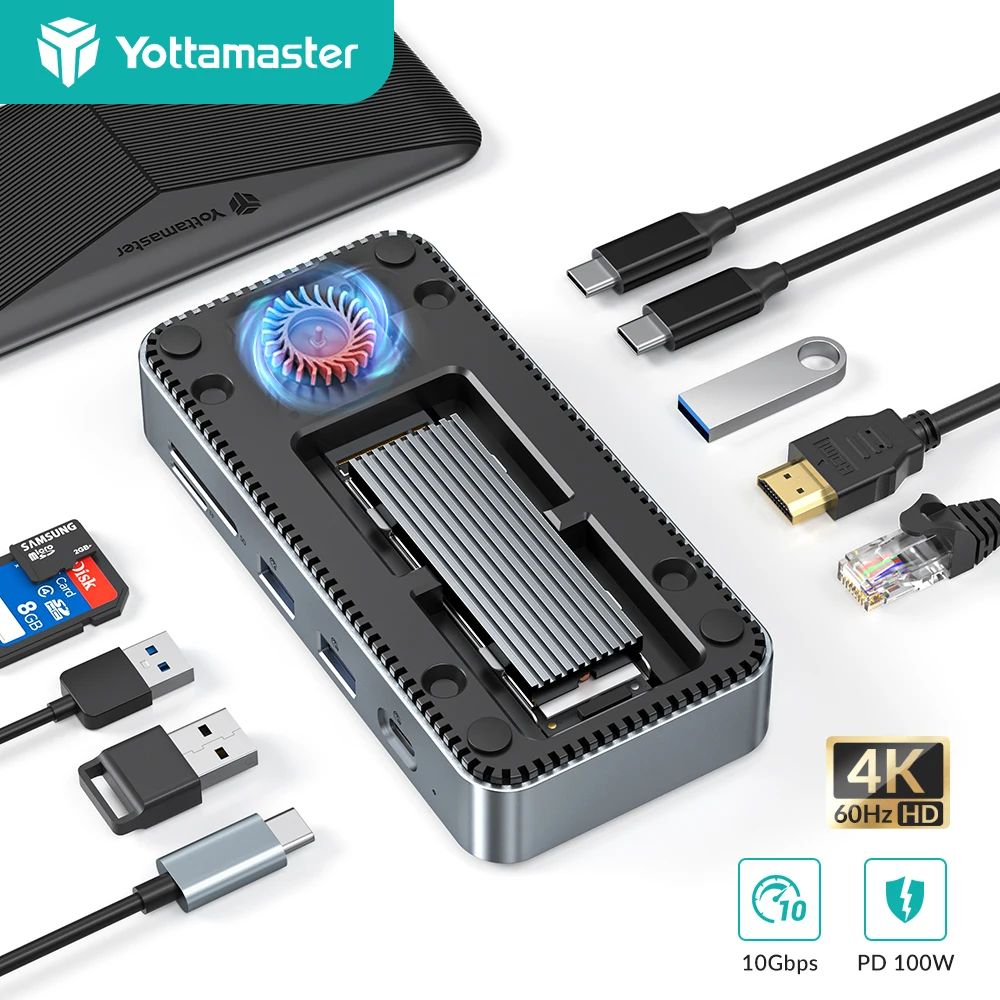 

Док-станция Yottamaster 10 в 1 с адаптером M.2 NVMe SSD 10 Гбит/с, 4K HDMI 1000M Ethernet