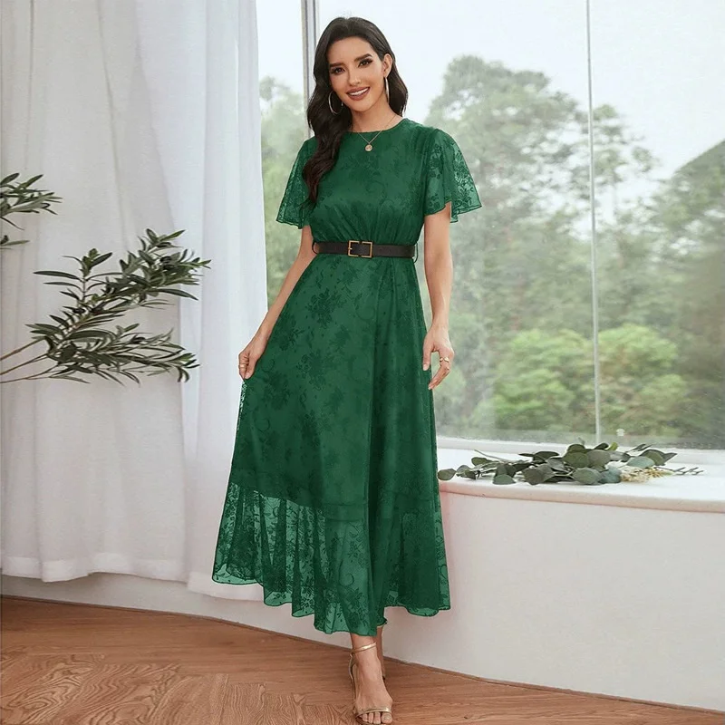 

Hot Selling Dress Long Dress Solid Color European and American Style Lace High Waist Long Robe Summer Dress Woman 2023 Trendy