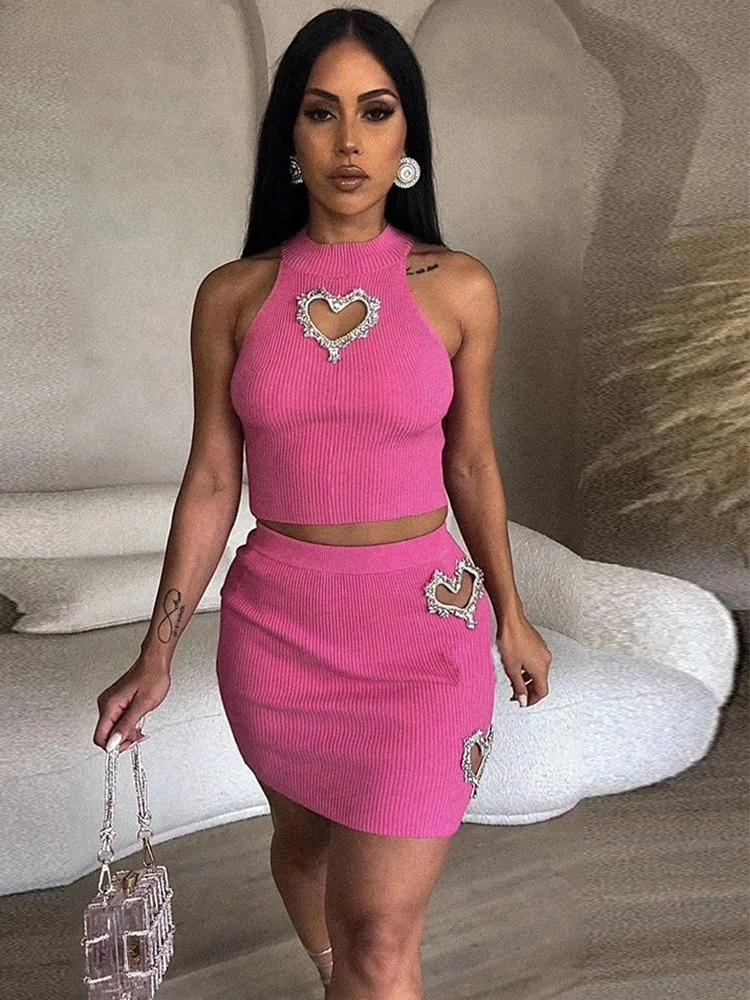 

Weirs Puss эластичный женский комплект из 2 предметов со стразами, укороченный топ без рукавов + юбка с высокой талией, чувственный сексуальный клубный одинаковый костюм для улицы