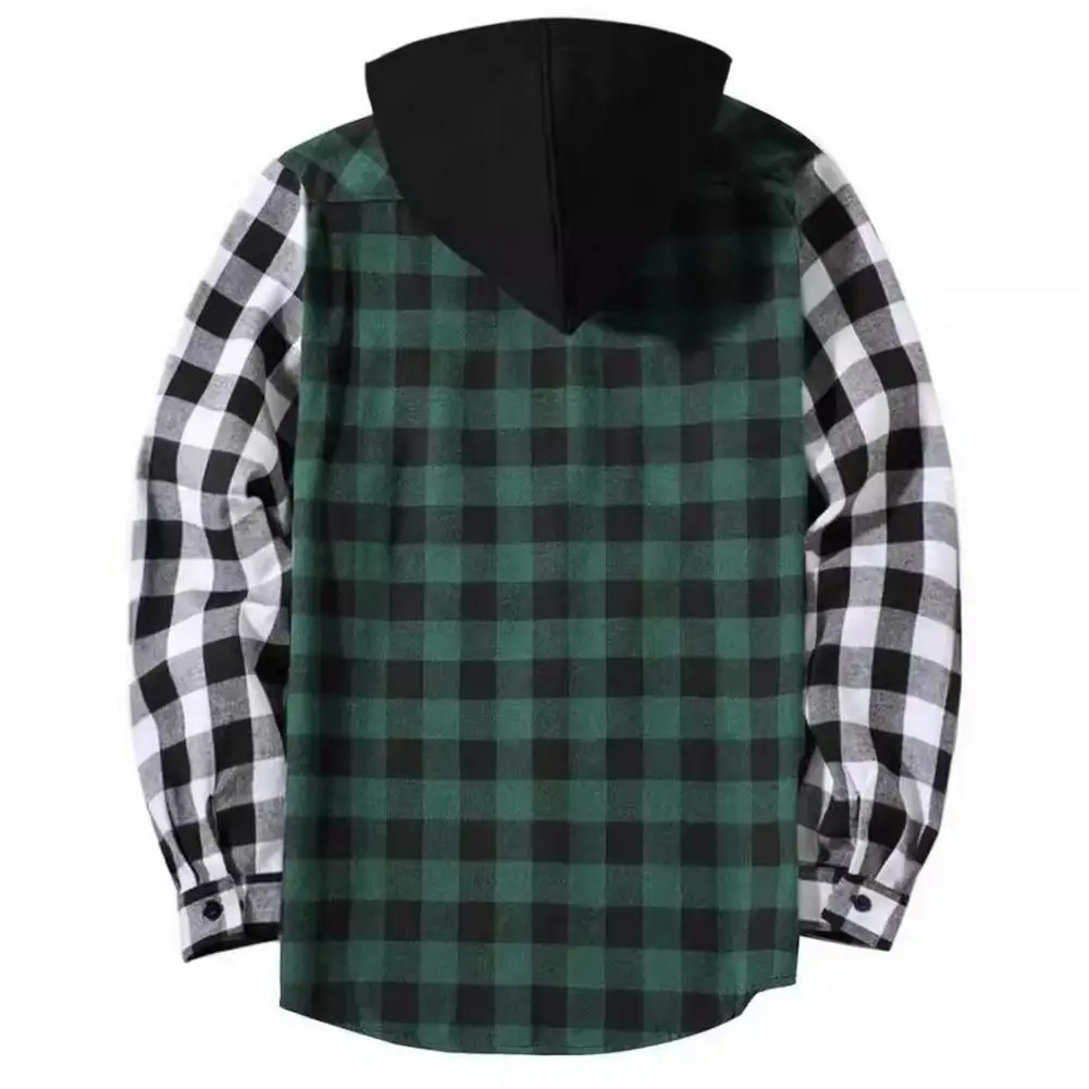 Drawstring Hooded Jacket Men's Plaid Print Hooded Shirt Coat with Adjustable Drawstring Chest Pocket Contrast Color for Fall