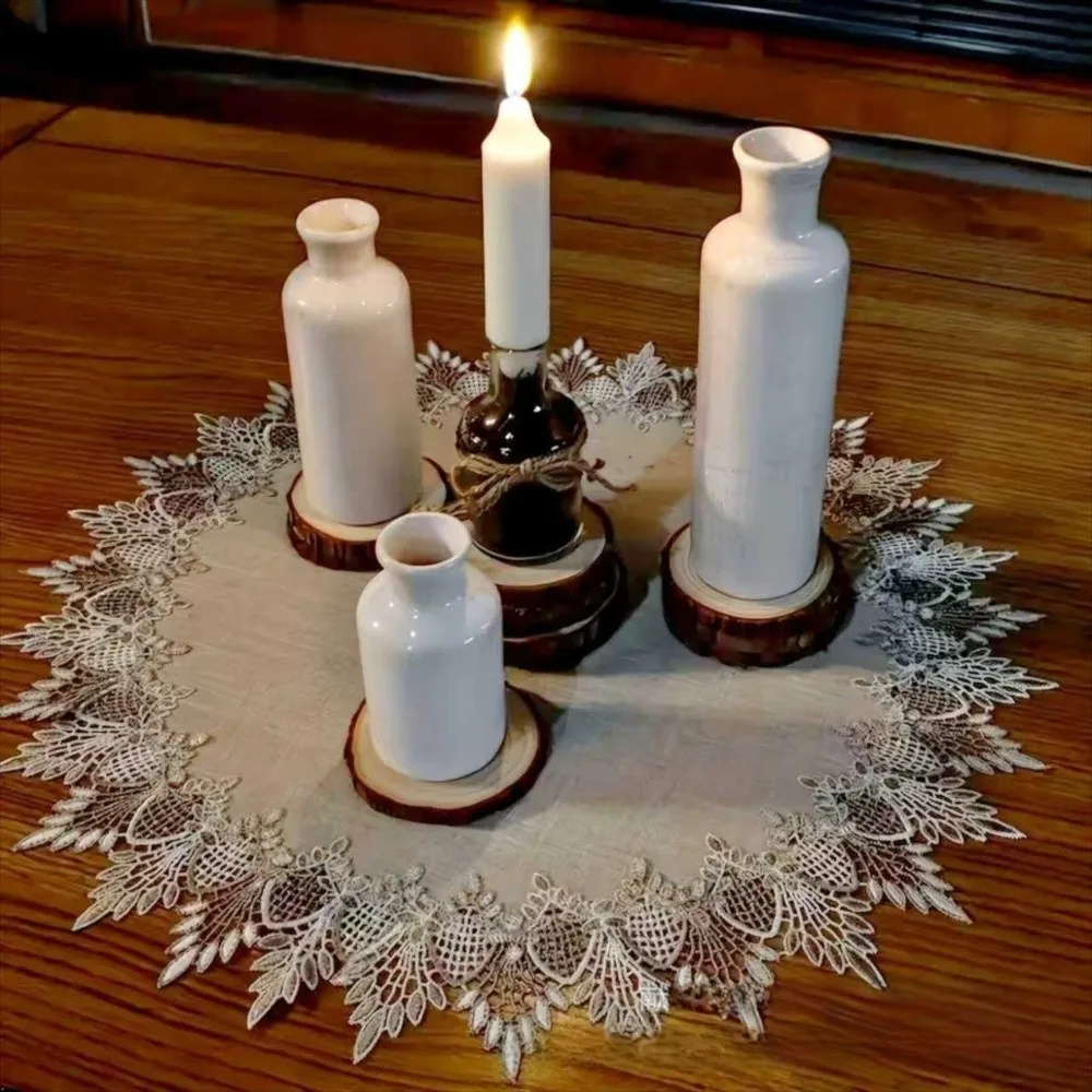 Lace Trim Dinning Table Cover European Linen-colored Round Table Cloth Hollow Napkin Doily Coffee Coaster Placemat