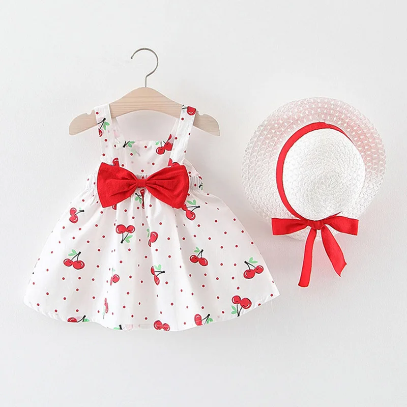 Summer New Girl Baby Dress Sweet Princess Dress Cherry Polka Dot Printed Bow Tie Suspended Hat Fluffy Skirt Lightweight Summer B