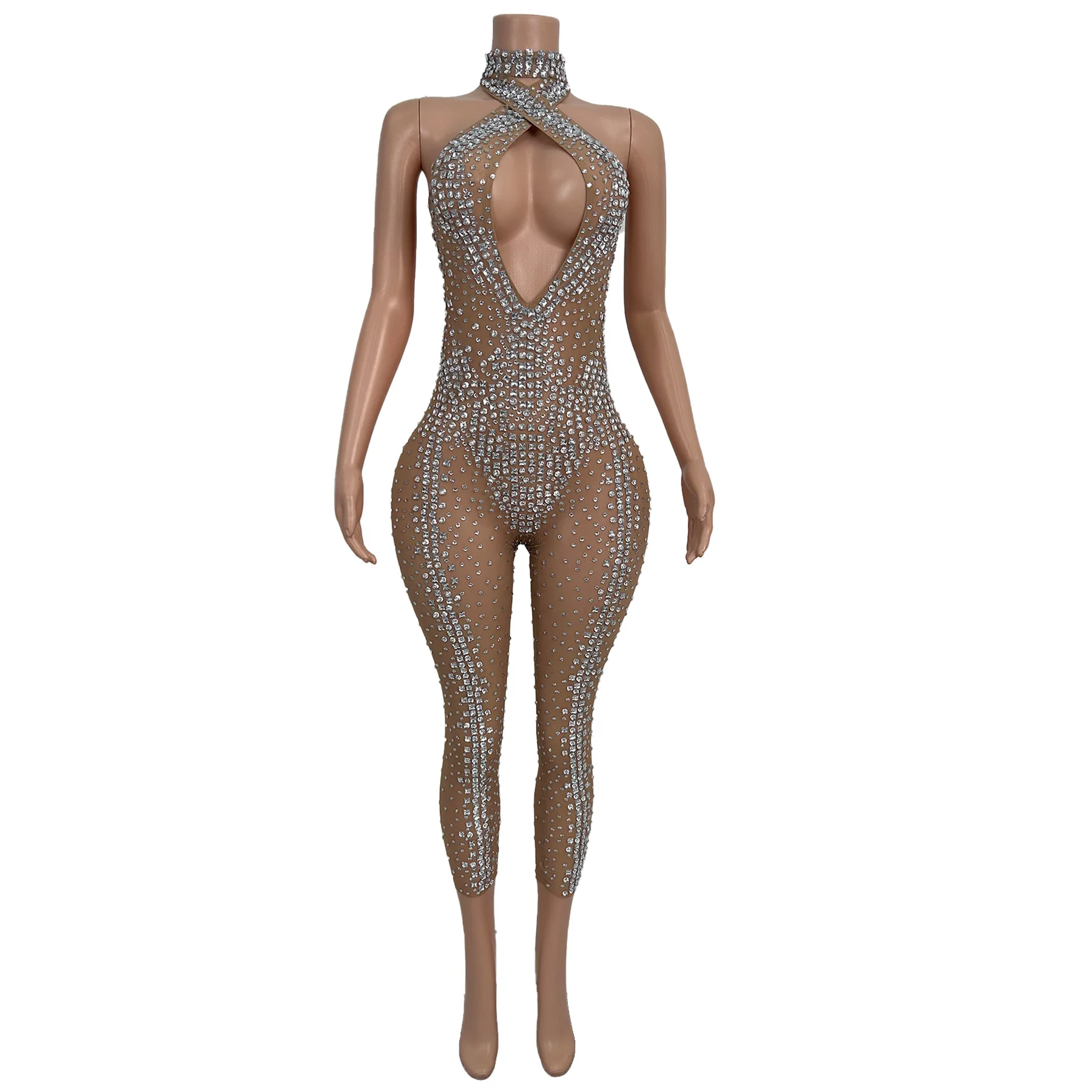 

Сексуальные комбинезоны без рукавов со стразами, женские клубные вечерние цельные боди, комбинезоны для танцев, стриптиза, праздничный наряд