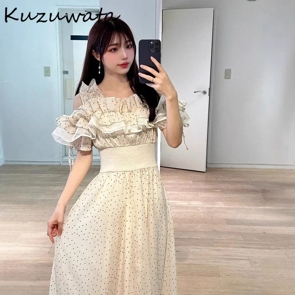 

Kuzuwata New Ruffles Slash Neck Off Shoulder Mujer Sweet Slim Waist Drawstring Polka Dot Robe Japan Patchwork Big Swing Vestidos