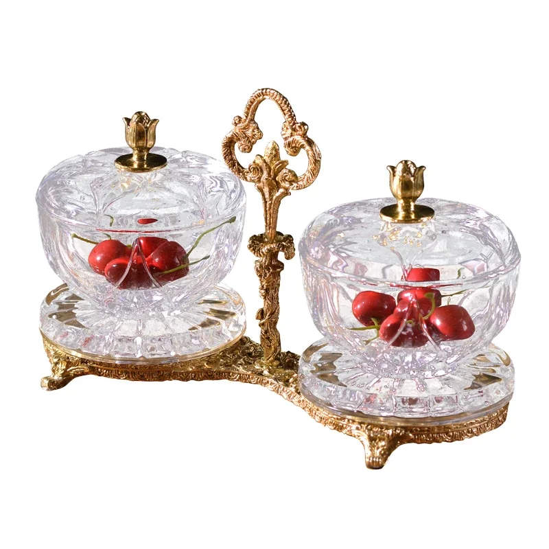 Brass or bronze household decorative fruit bowl with lid for hotel villa home accessories, crystal fruit bowl with clear fancy