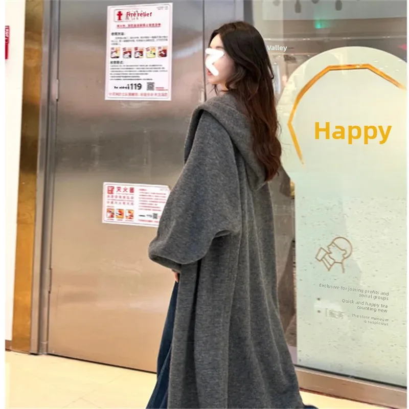 

Women's Autumn Winter Thickened Loose Large Version Slimming Outerwear Korean Laid-back Long Over-Knee Knitted Open Cardigan