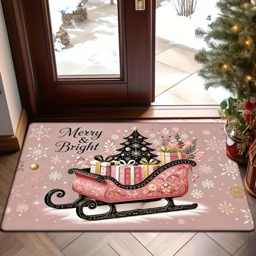 

Welcome Doormat for Kitchen Laundry Room Christmas Gold Snowflak Pink Stripe Washable Non-Slip Floor Mat for Home Decor