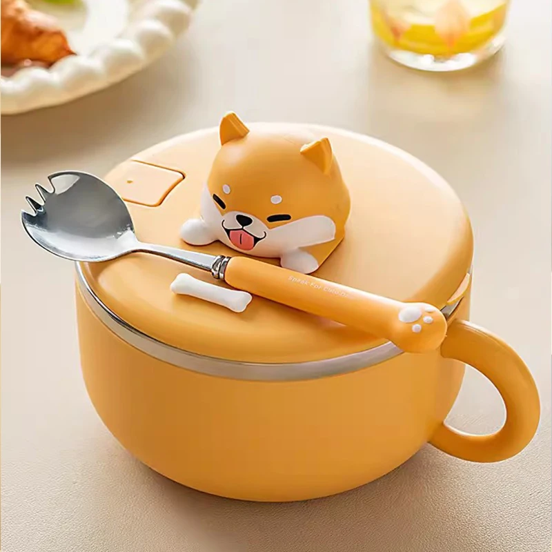 YWDL 1.2L Cartoon Dog Instant Noodle Bowl With Lid And Spoon L Dormitory Students Lunch Box Stainless Steel Handle Soup Bowl