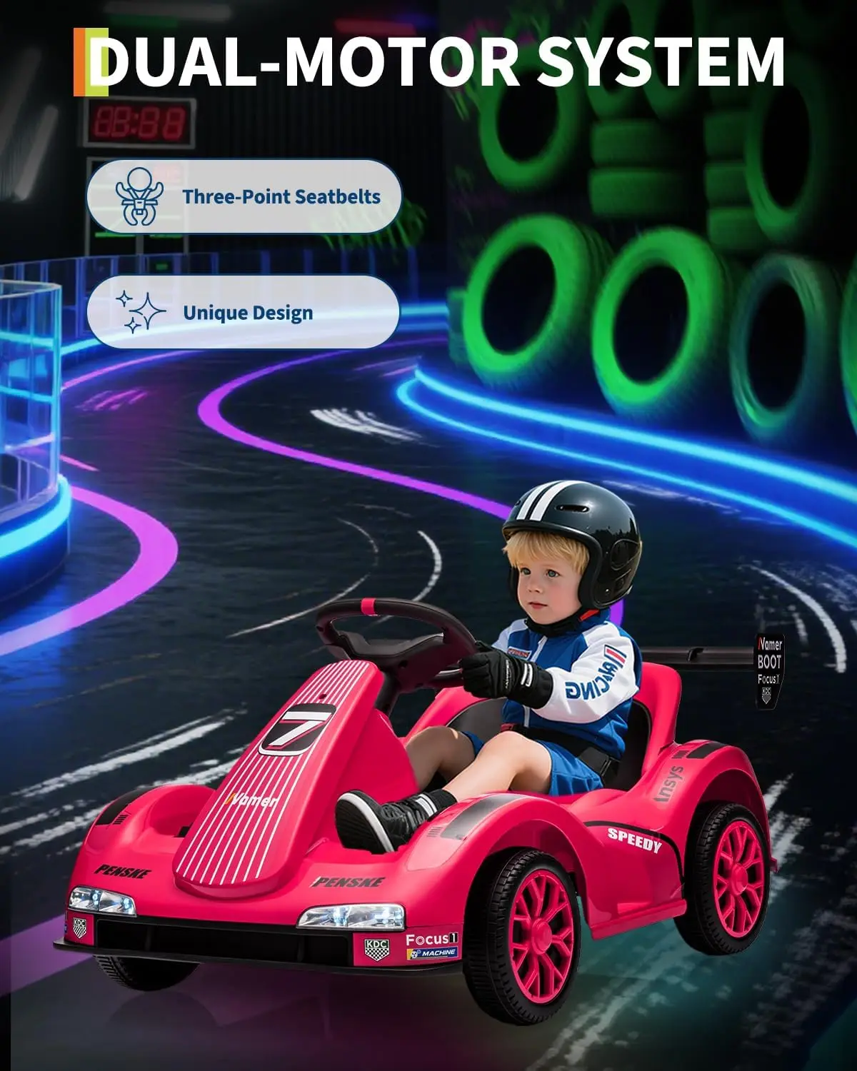 Kart dla dzieci, elektryczny drift kart z dwoma silnikami, światła LED, pas bezpieczeństwa, zasilany bateryjnie, zabawka wyścigowa do jazdy na zewnątrz